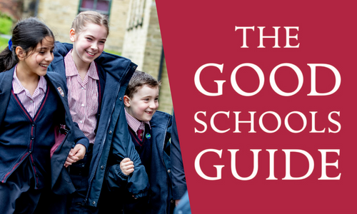 The Good Schools Guide logo alongside a photo of two female pupils and one male pupil outside, holding hands.