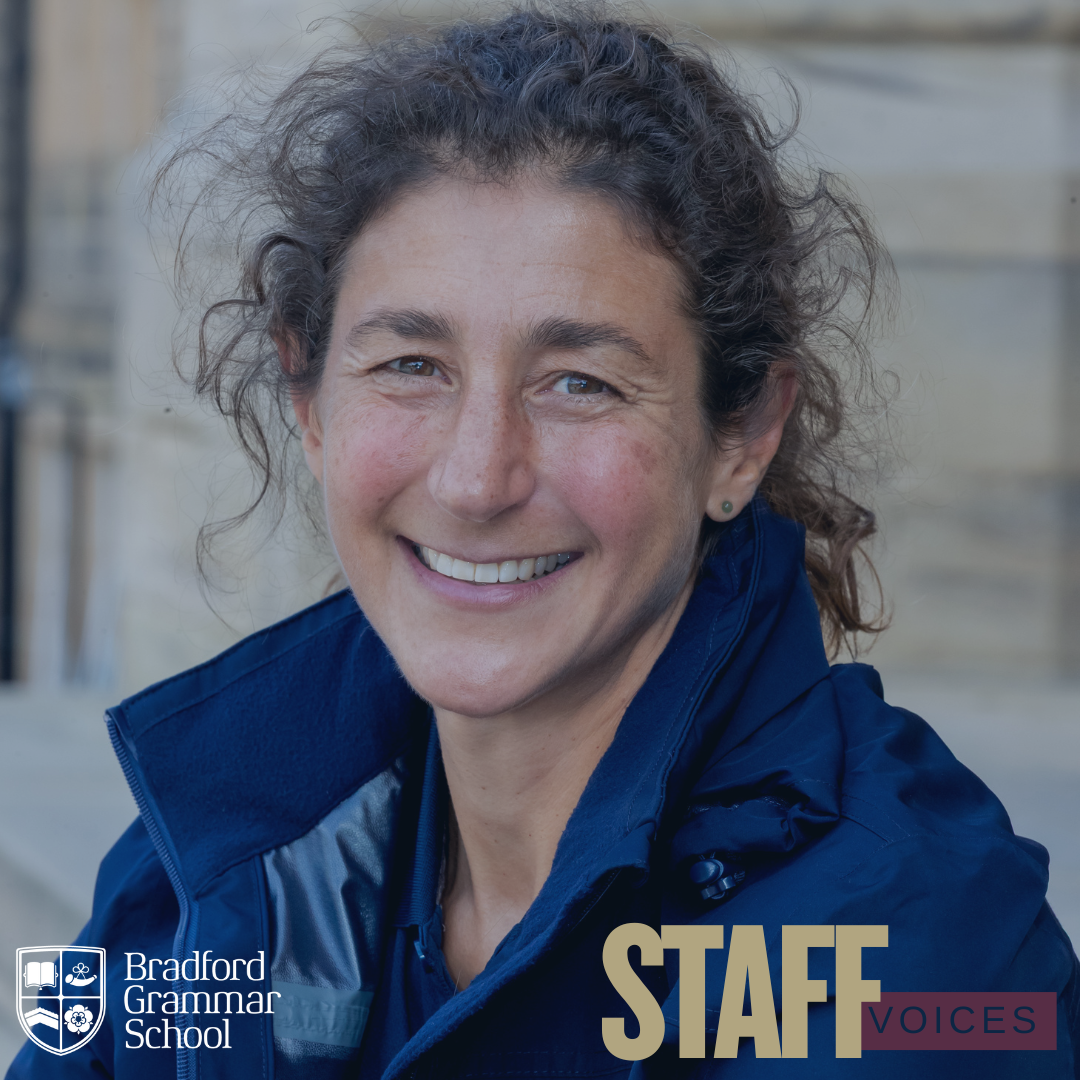 Photo of Heidi Hinchliffe outside BGS image has school logo and Staff voices on it